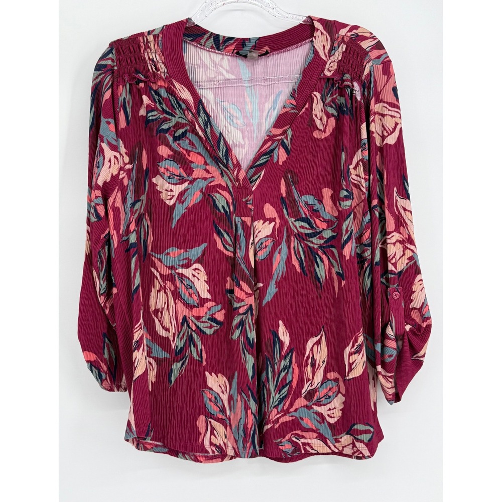 Cable & Gauge Womens Burgundy Floral V-Neck Blouse 3/4 Roll Tab Sleeve Sz L